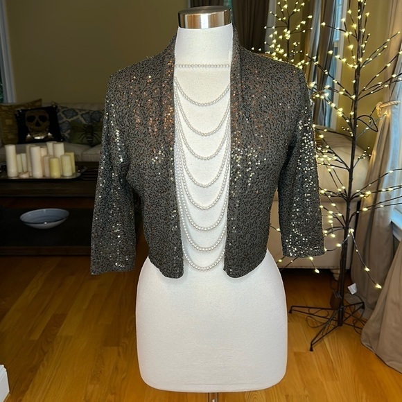 Eileen Fisher Olive Green Sequin Cropped Open Front Cardigan Petite Small - Picture 1 of 8